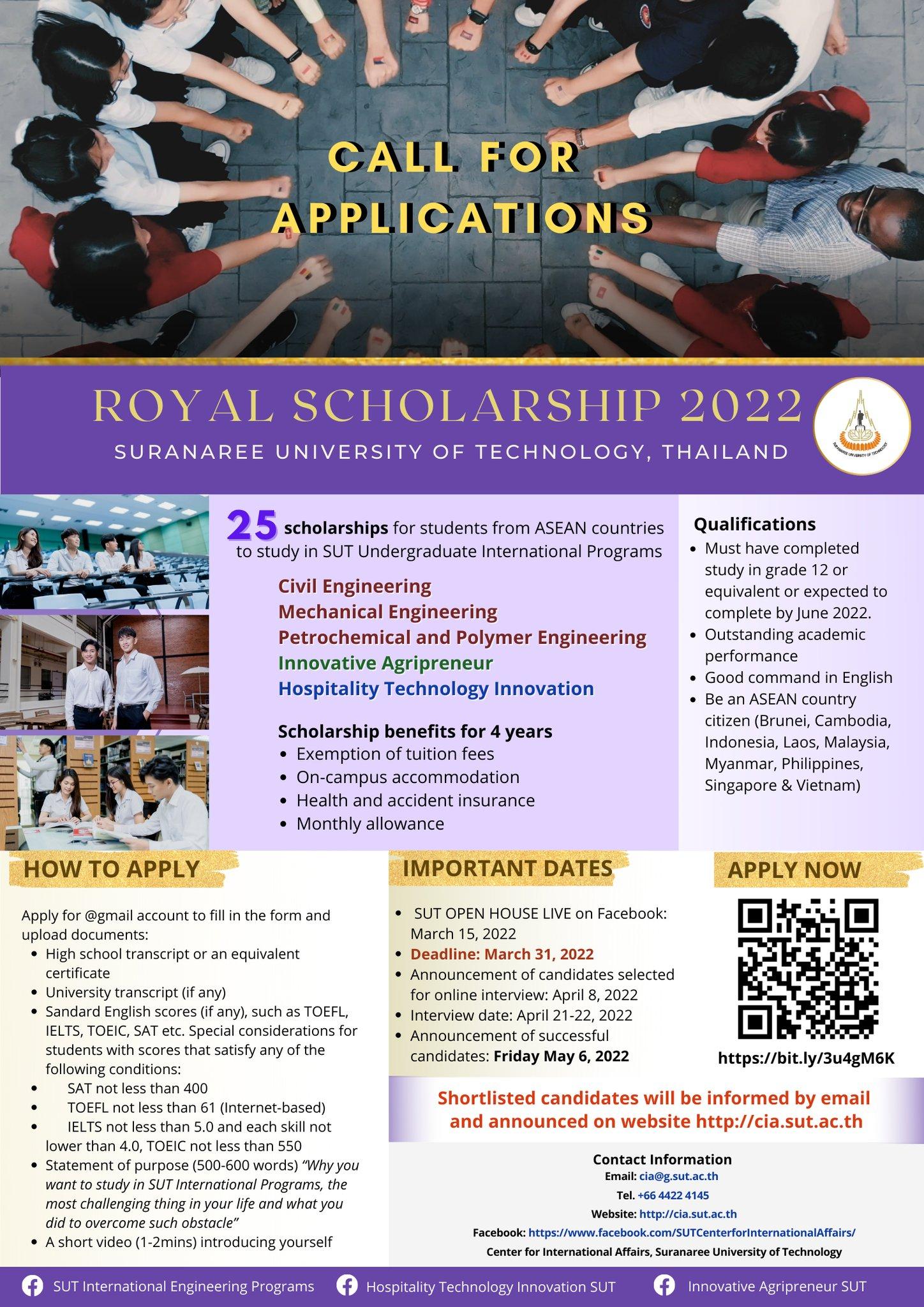 Royal Scholarship 2022 from SURANAREE UNIVERSITY OF TECHNOLOGY